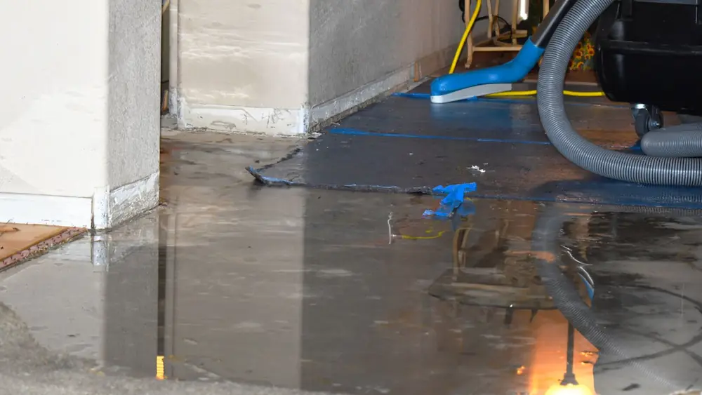 Wet vacuum hose running along a wet floor beside a wall