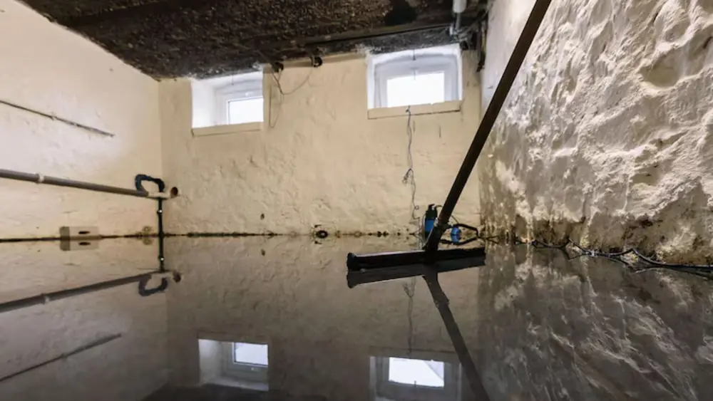 Flooded basement with a squeegee pushing water across the floor