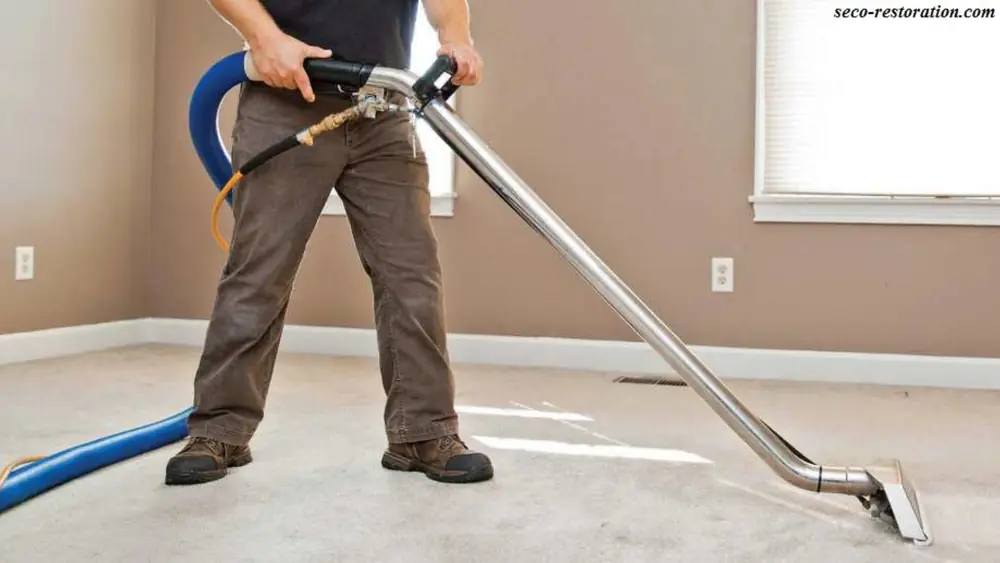 Technician using a carpet extraction wand in a living room