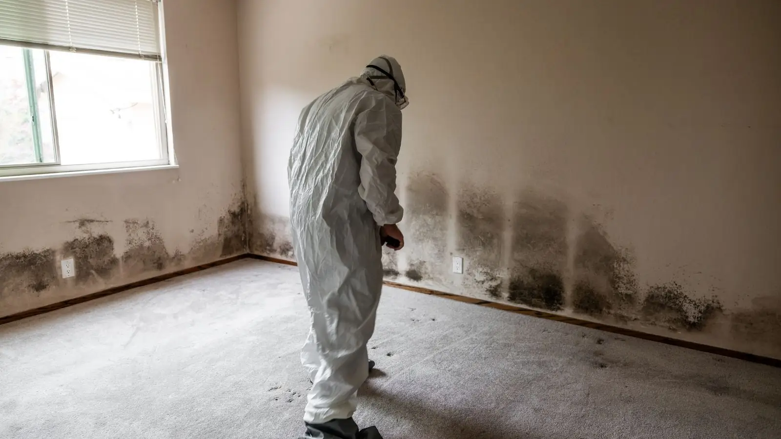Worker in a protective suit in a room with mold along the wall base