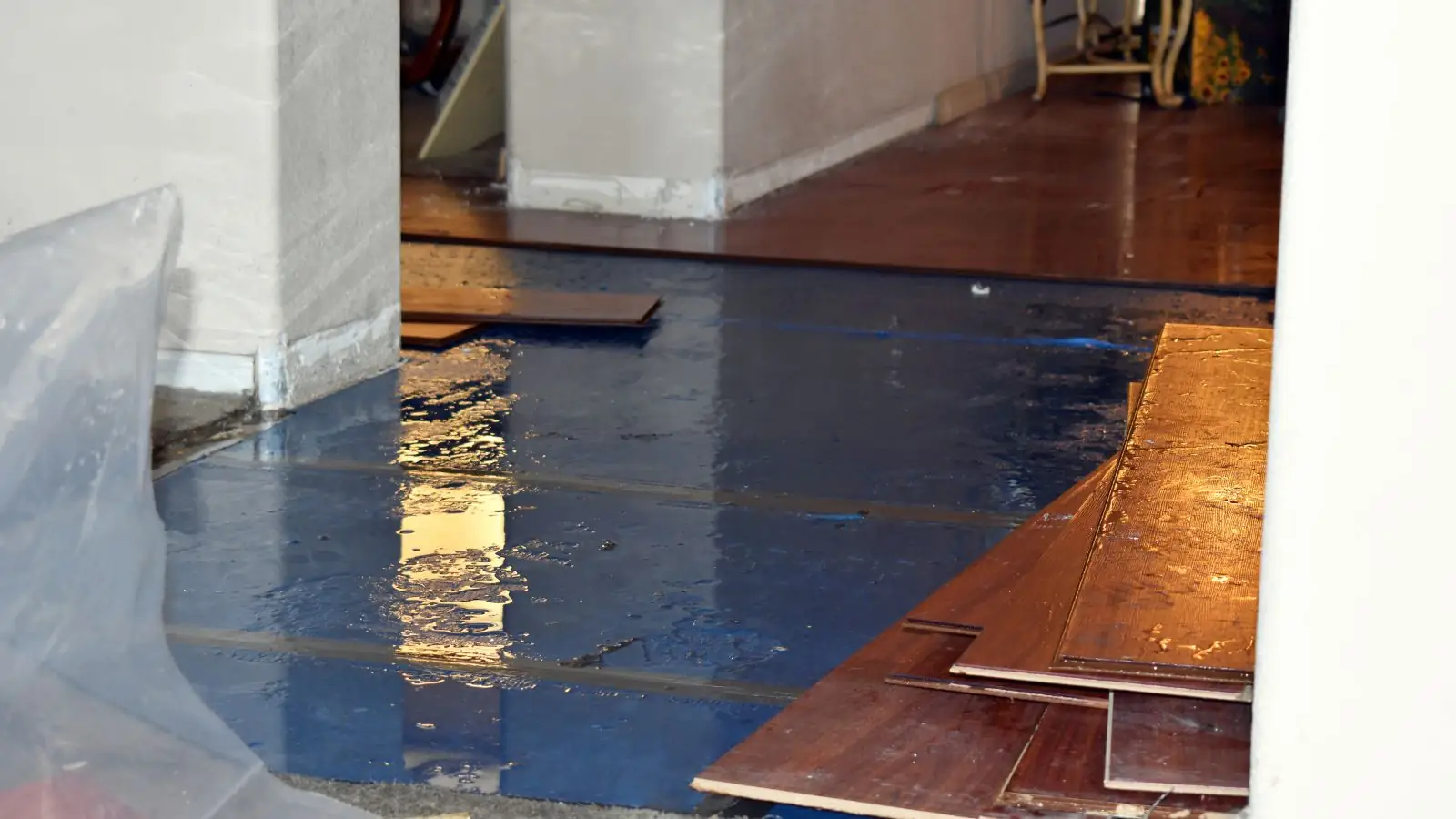 Hardwood boards lifted over a wet subfloor