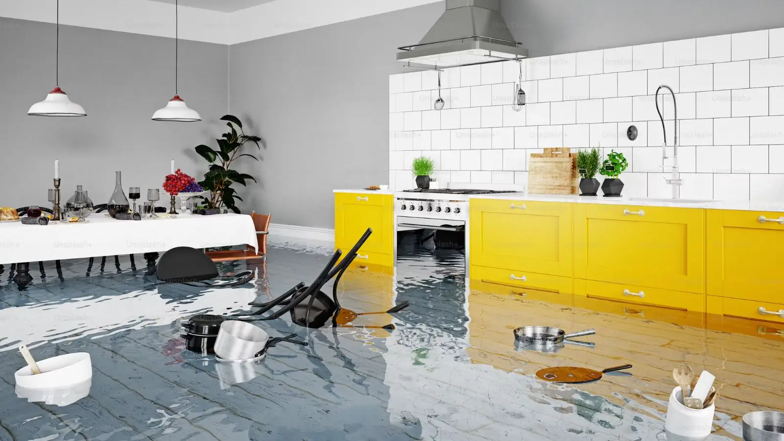 Kitchen with water spread across the floor