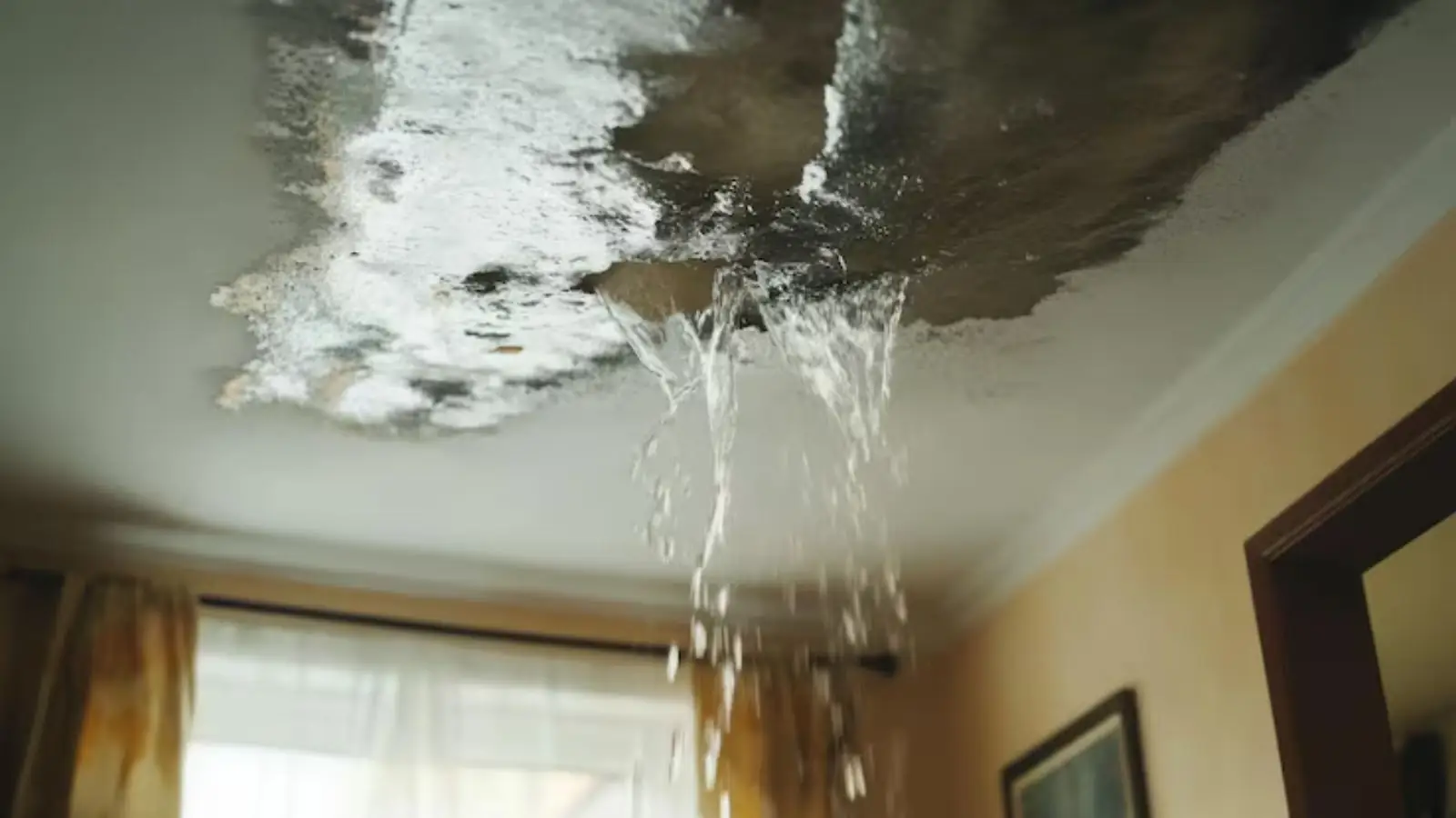 Water spreading across a ceiling above a room