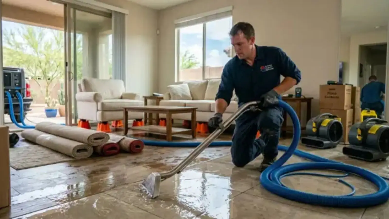 Technician extracting standing water from a living room floor with a wet vacuum and air movers